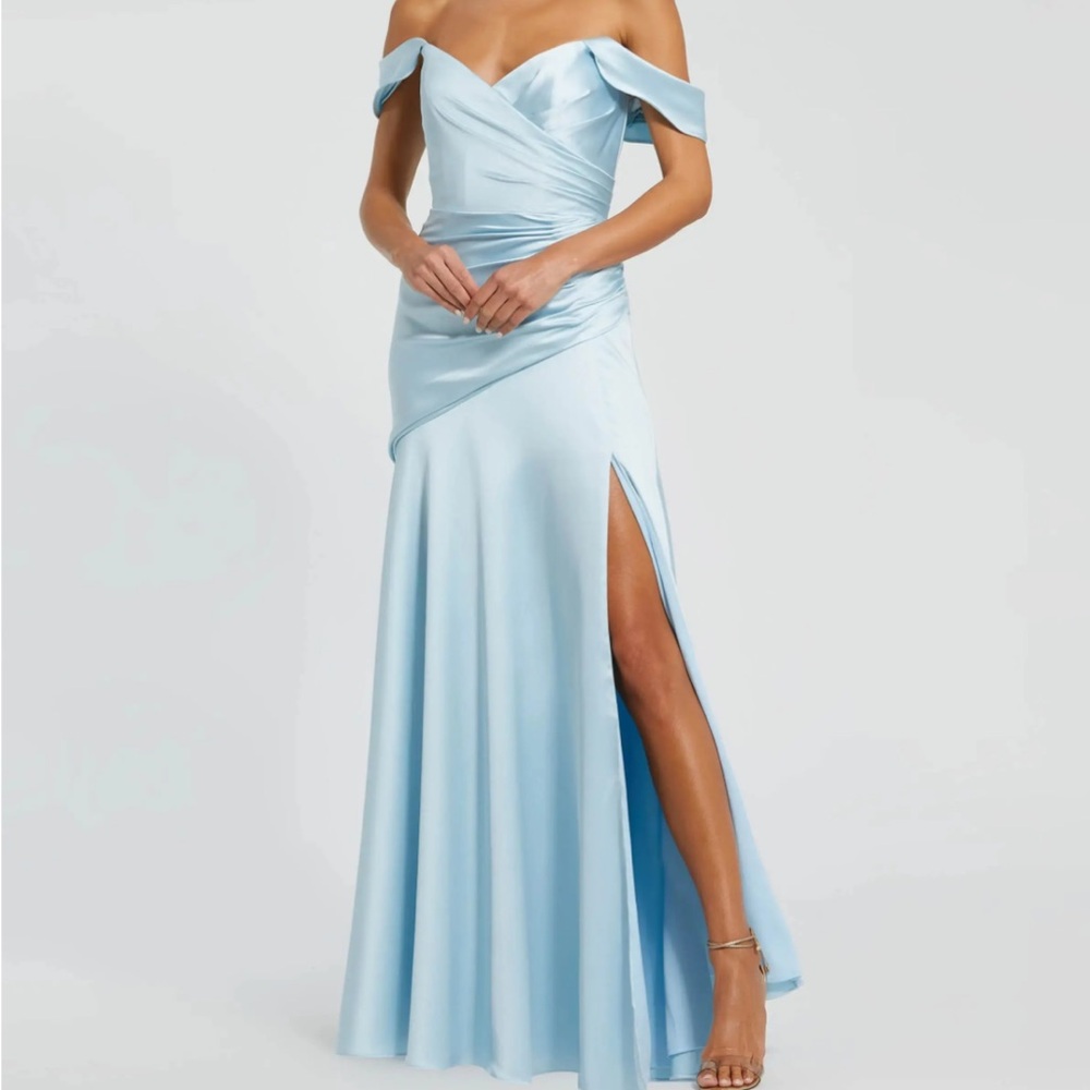 ✔️#80/51 Mac Duggal Dress Blue Satin Off The Shoulder Crossover Gown #56037